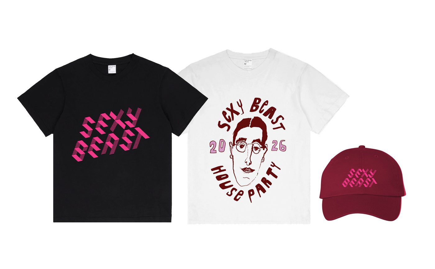 Sexy Beast 2026 merch: black and white Sexy Beast House Party tees and a burgundy logo cap
